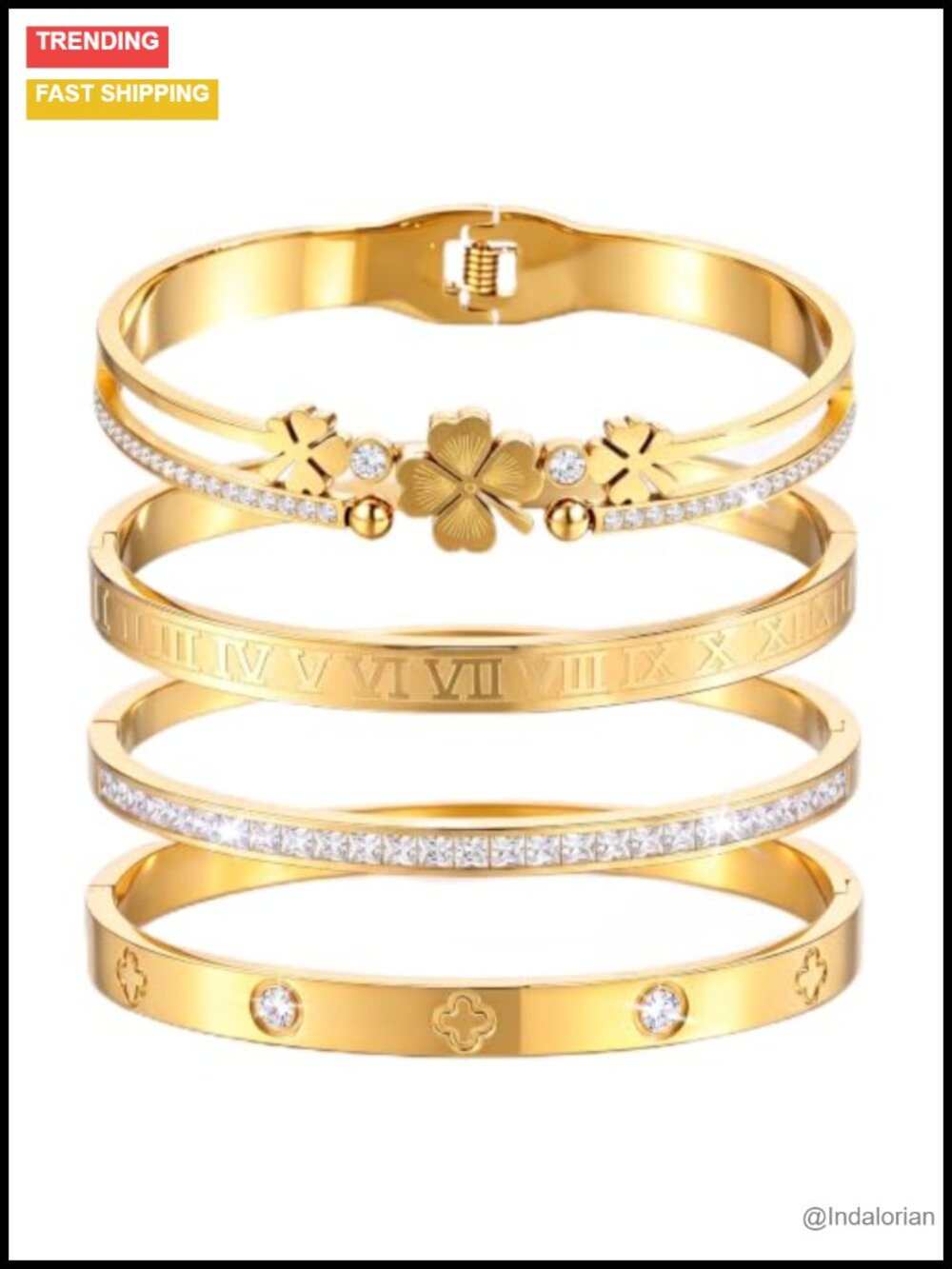18K Gold Plated Stainless Steel Bangle Bracelet Set Stackable Floral Cuff